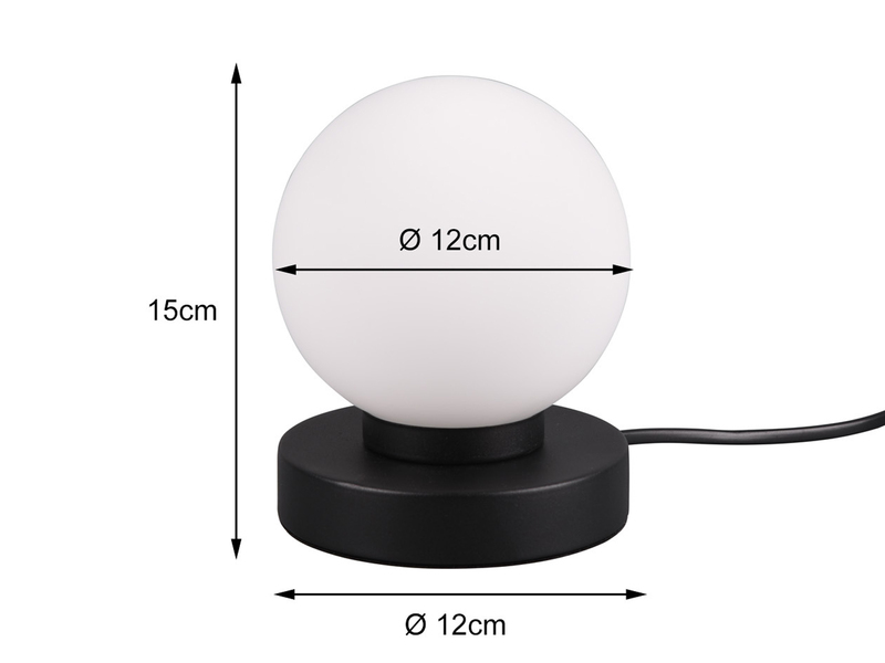 Kleine Touch Tischlampe PRINZ II Schwarz mit Glas Kugel Weiß, Höhe 15cm