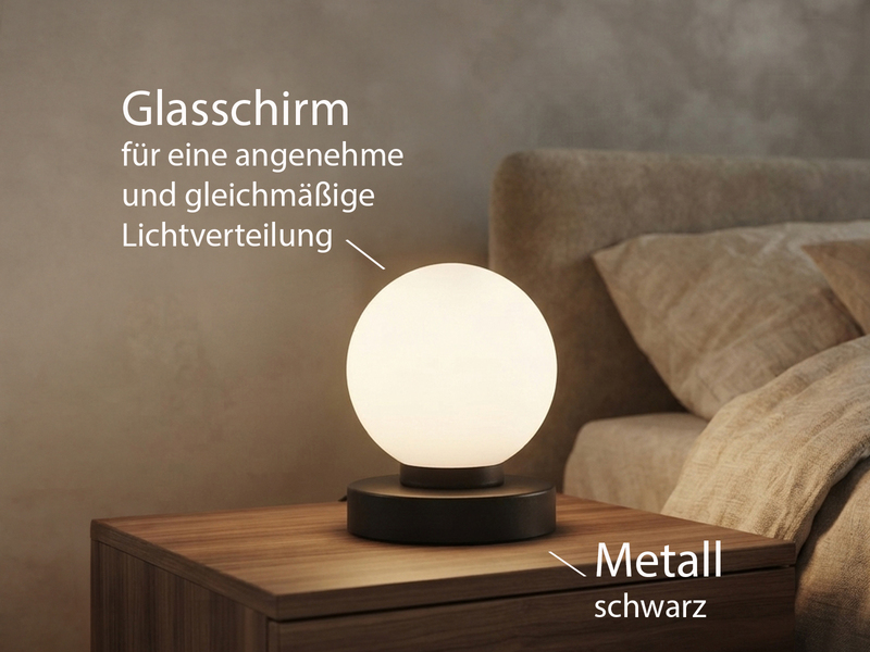 Kleine Touch Tischlampe PRINZ II Schwarz mit Glas Kugel Weiß, Höhe 15cm