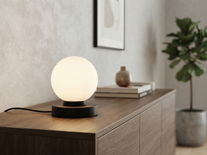 Kleine Touch Tischleuchte Schwarz mit Glas Kugel Weiß & E14 LED, Höhe 15cm