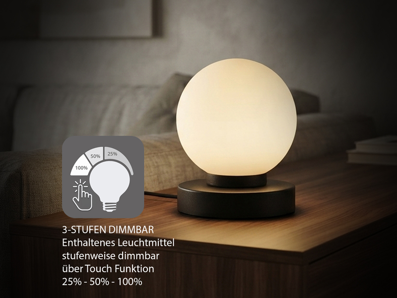Kleine Touch Tischleuchte Schwarz mit Glas Kugel Weiß & E14 LED, Höhe 15cm