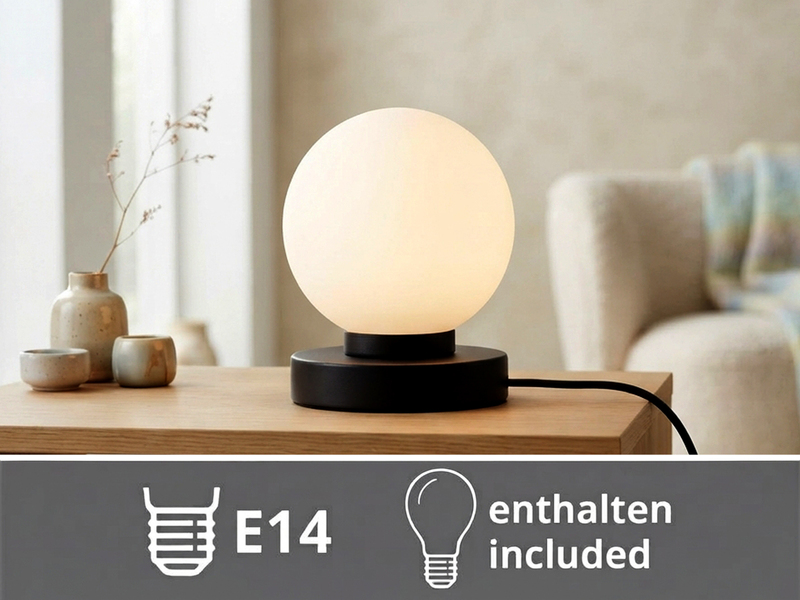 Kleine Touch Tischleuchte Schwarz mit Glas Kugel Weiß & E14 LED, Höhe 15cm