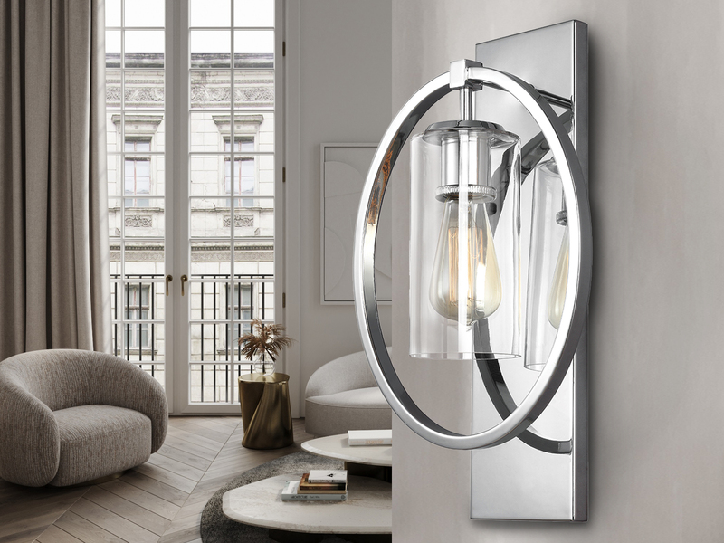 Markante LED Wandleuchte aus massivem Stahl in Chrom mit Glas, Höhe 46cm