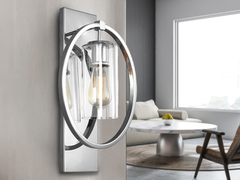 Markante LED Wandleuchte aus massivem Stahl in Chrom mit Glas, Höhe 46cm Markante LED Wandleuchte aus massivem Stahl in Chrom mit Glas, Höhe 46cm