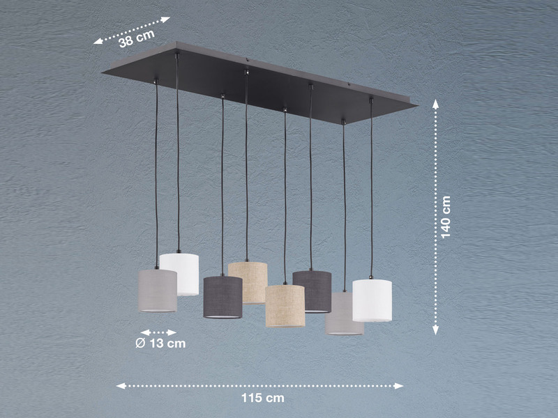 Pendelleuchte ISKO 8-flammig lang Stoffschirme bunt, Breite 115cm