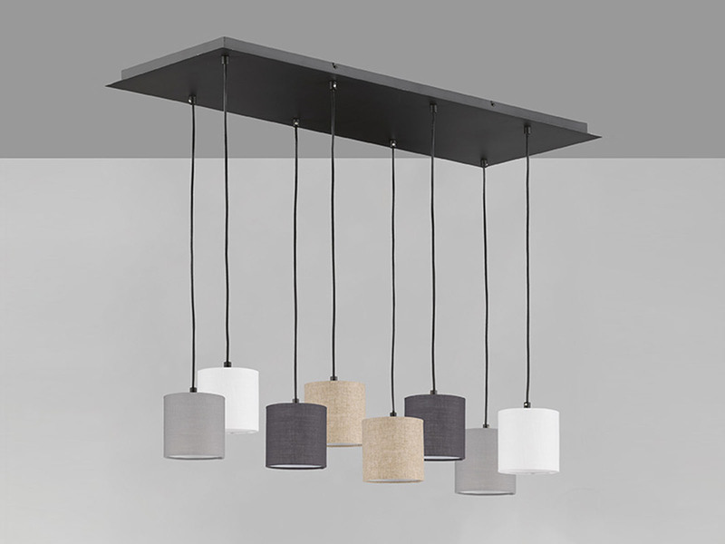 Pendelleuchte ISKO 8-flammig lang Stoffschirme bunt, Breite 115cm