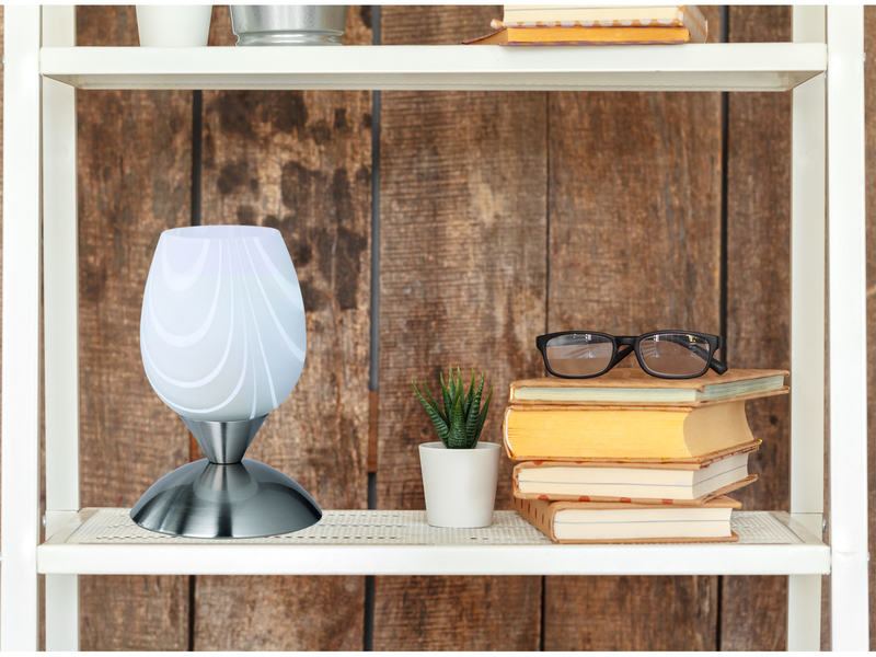 LED Tischleuchte Glasschirm Weiß marmoriert, Silber - Touch dimmbar, Höhe 18cm
