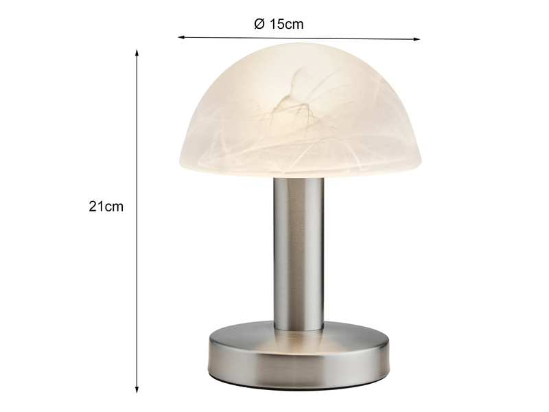 Kleine Touch Tischlampe FYNN II Silber & E14 Glasschirm Weiß, Höhe 21cm