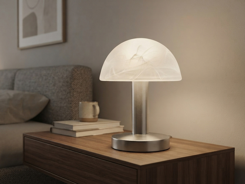 Kleine Touch Tischlampe FYNN II Silber & E14 Glasschirm Weiß, Höhe 21cm