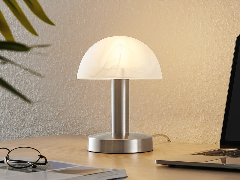 Kleine Touch Tischlampe FYNN II Silber & E14 Glasschirm Weiß, Höhe 21cm