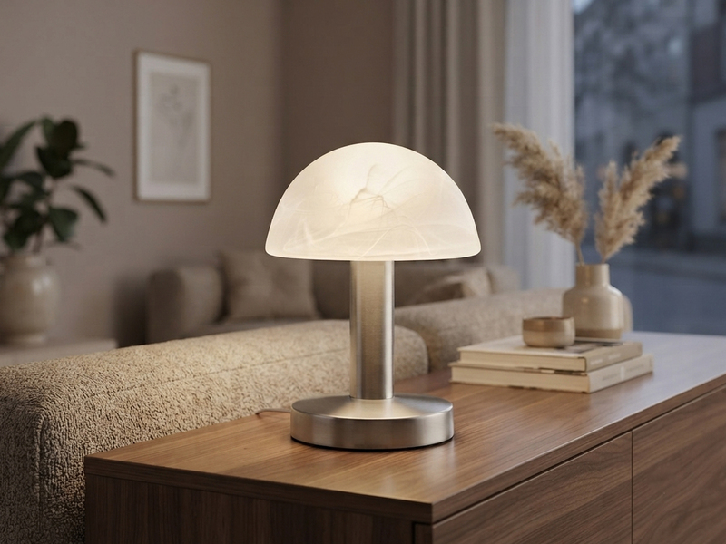 Kleine Touch Tischlampe FYNN II Silber & E14 Glasschirm Weiß, Höhe 21cm