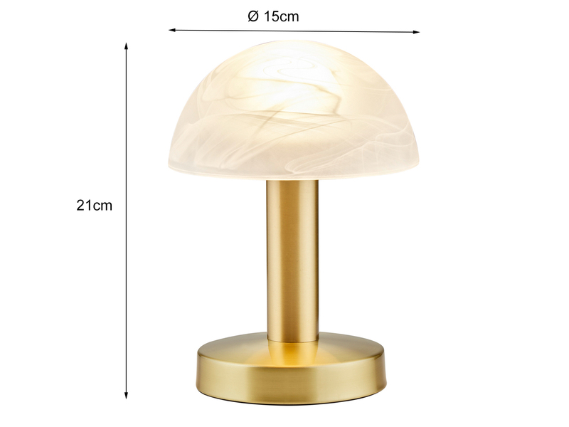 Kleine Touch Tischlampe FYNN II Messing & E14 Glasschirm Weiß, Höhe 21cm