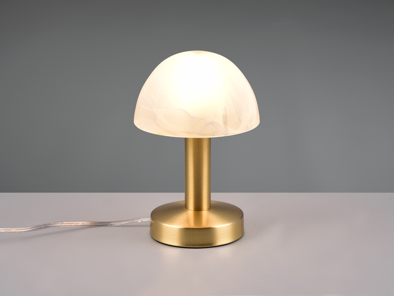 Kleine Touch Tischlampe FYNN II Messing & E14 Glasschirm Weiß, Höhe 21cm