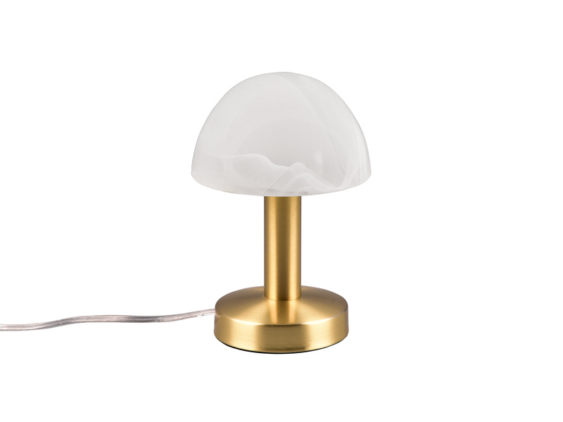 Kleine Touch Tischlampe FYNN II Messing & E14 Glasschirm Weiß, Höhe 21cm