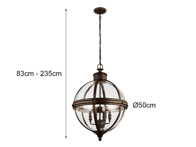 Pendelleuchte ADAMS mit Glaskugel & Stahl massiv in britisch Bronze Ø50cm