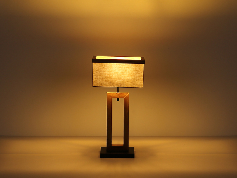 LED Tischleuchte mit Stoff Lampenschirm und Holzoptik, Höhe 55cm