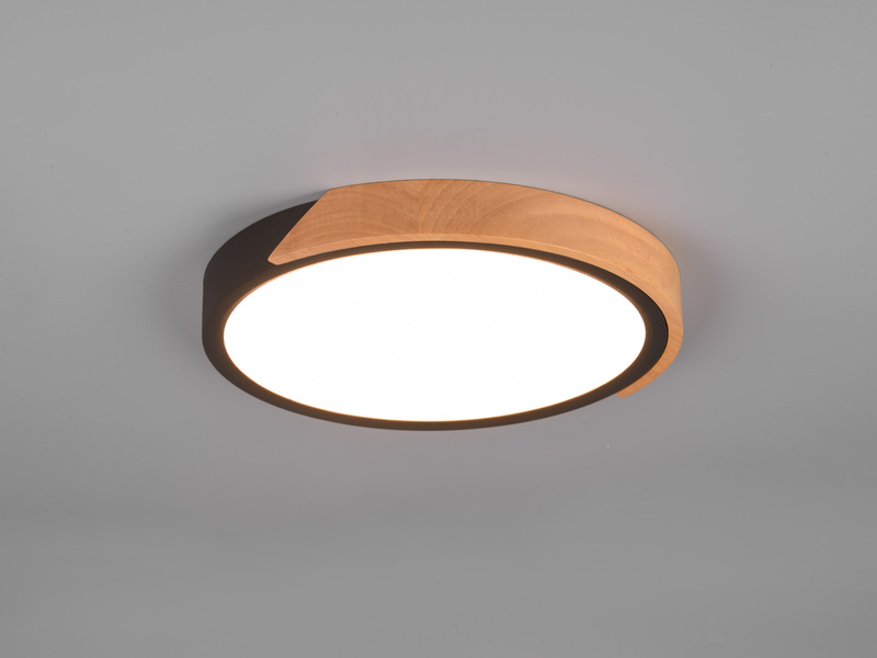 LED Deckenleuchte JANO rund Schwarz mit Holz, 3 Stufen Dimmer, Ø 31cm