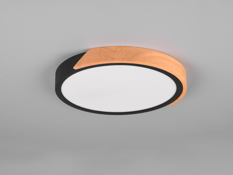 LED Deckenleuchte JANO rund Schwarz mit Holz, 3 Stufen Dimmer, Ø 31cm