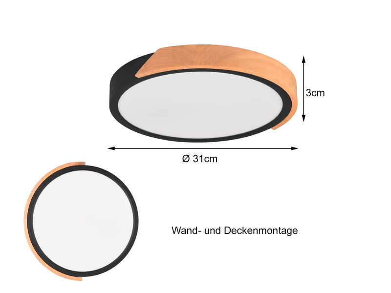 LED Deckenleuchte JANO rund Schwarz mit Holz, 3 Stufen Dimmer, Ø 31cm