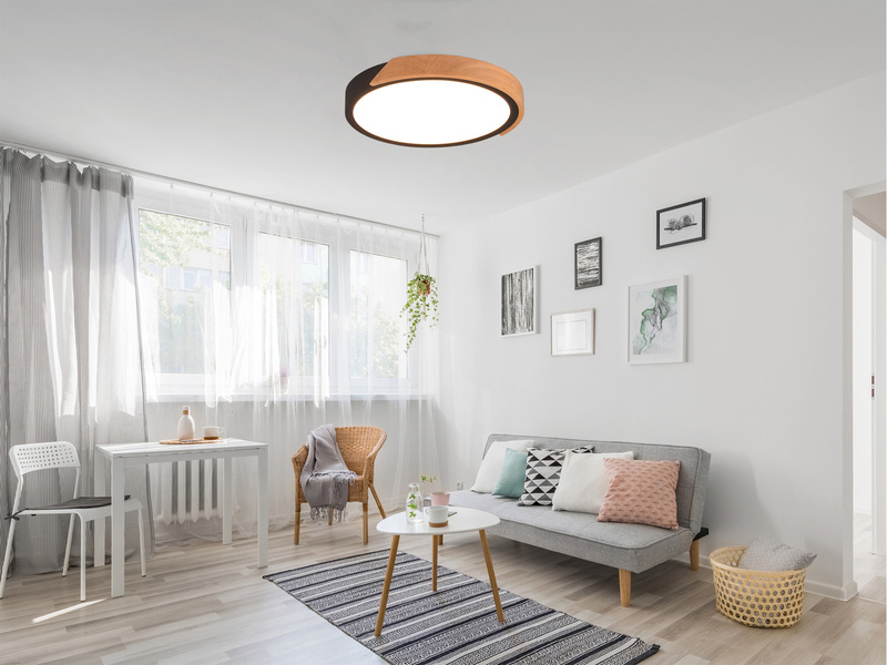 LED Deckenleuchte JANO rund Schwarz mit Holz, 3 Stufen Dimmer, Ø 31cm