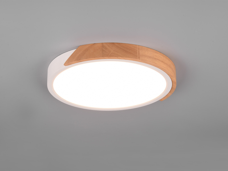LED Deckenleuchte JANO rund Weiß mit Holz, 3 Stufen Dimmer, Ø31cm
