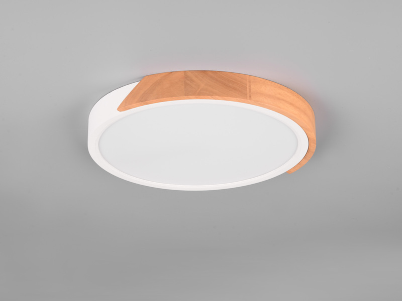 LED Deckenleuchte JANO rund Weiß mit Holz, 3 Stufen Dimmer, Ø31cm