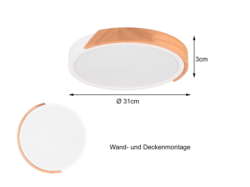 LED Deckenleuchte JANO rund Weiß mit Holz, 3 Stufen Dimmer, Ø31cm