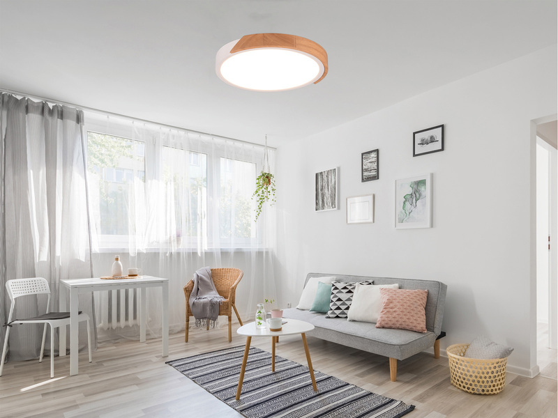 LED Deckenleuchte JANO rund Weiß mit Holz, 3 Stufen Dimmer, Ø31cm
