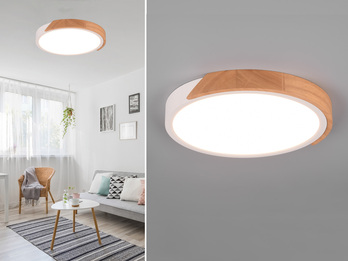 LED Deckenleuchte JANO rund Weiß mit Holz, 3 Stufen Dimmer, Ø31cm