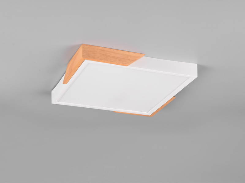 LED Deckenleuchte META eckig Weiß mit Holz, 3 Stufen Dimmer, Quadrat 31cm