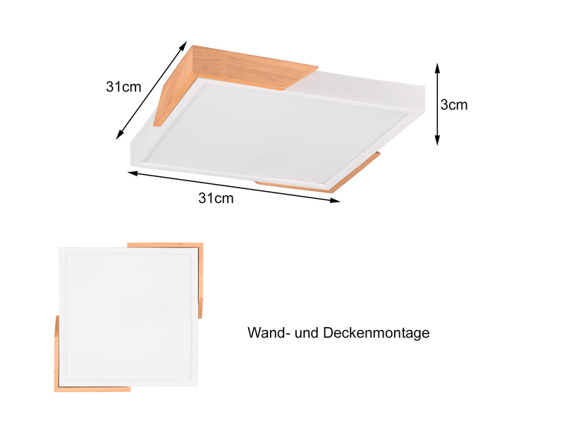 LED Deckenleuchte META eckig 31x31cm Weiß-Holzoptik, 3 Stufen Dimmer