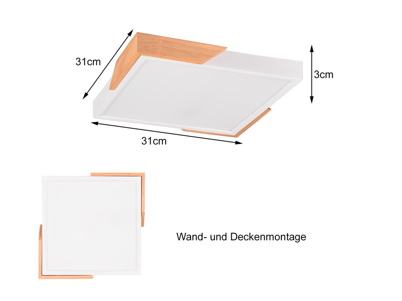 LED Deckenleuchte META eckig Weiß mit Holz, 3 Stufen Dimmer, Quadrat 31cm