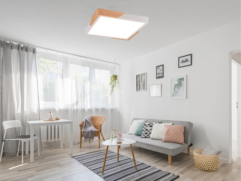 LED Deckenleuchte META eckig Weiß mit Holz, 3 Stufen Dimmer, Quadrat 31cm