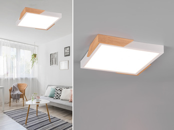 LED Deckenleuchte META eckig Weiß mit Holz, 3 Stufen Dimmer, Quadrat 31cm