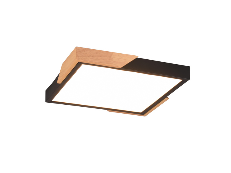 LED Deckenleuchte META eckig Schwarz mit Holz, 3 Stufen Dimmer, Quadrat 31cm