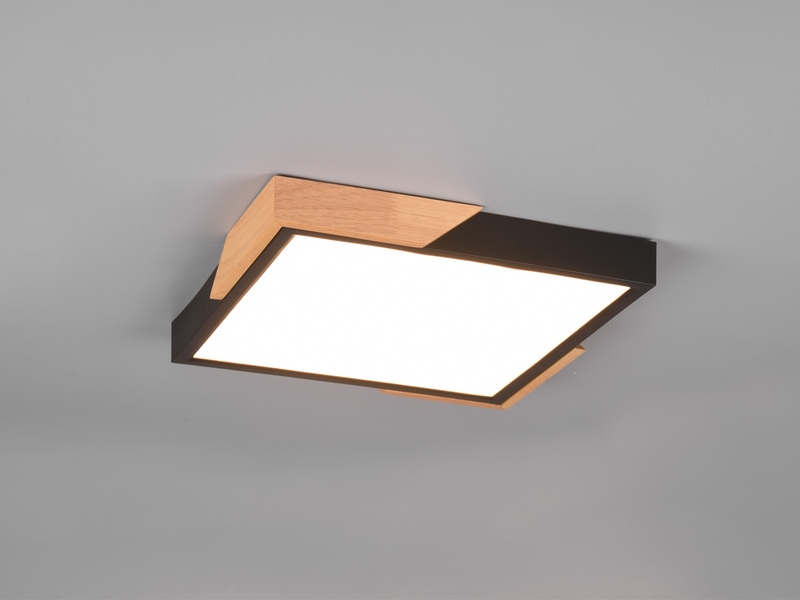 LED Deckenleuchte META eckig Schwarz mit Holz, 3 Stufen Dimmer, Quadrat 31cm