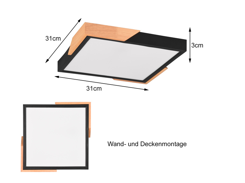 LED Deckenleuchte META eckig Schwarz mit Holz, 3 Stufen Dimmer, Quadrat 31cm