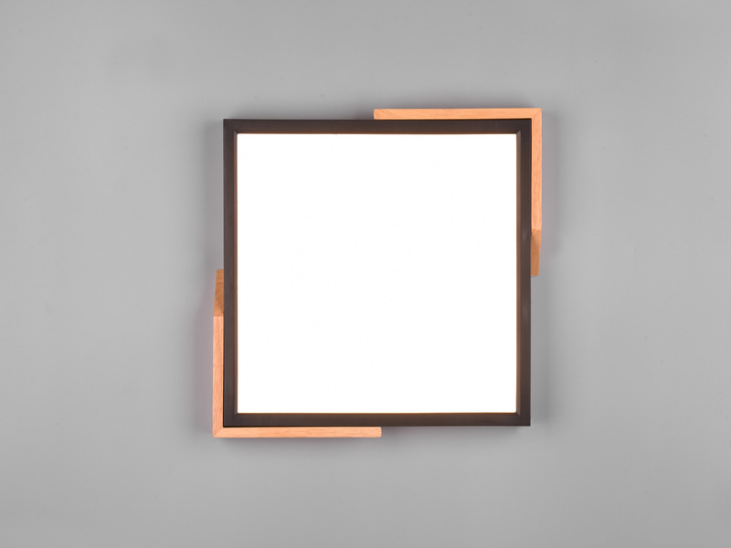 LED Deckenleuchte META eckig Schwarz mit Holz, 3 Stufen Dimmer, Quadrat 31cm
