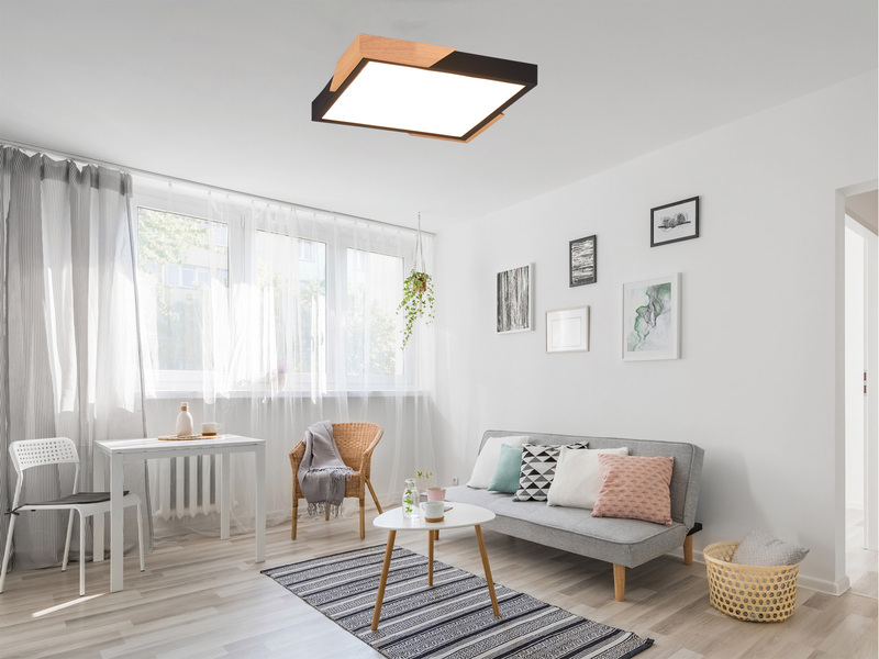 LED Deckenleuchte META eckig Schwarz mit Holz, 3 Stufen Dimmer, Quadrat 31cm