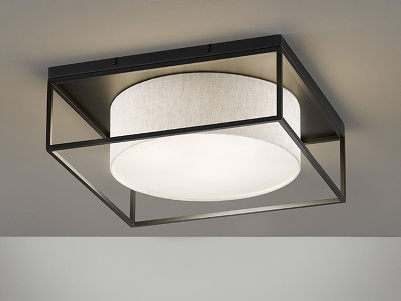 LED Deckenleuchte eckig groß mit Leinen Stoffschirm Beige, Quadrat 50cm