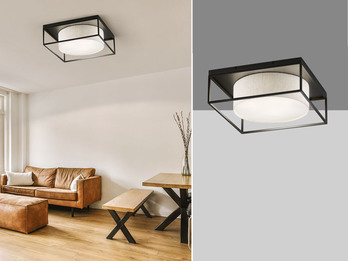 LED Deckenleuchte eckig groß mit Leinen Stoffschirm Beige, Quadrat 60cm
