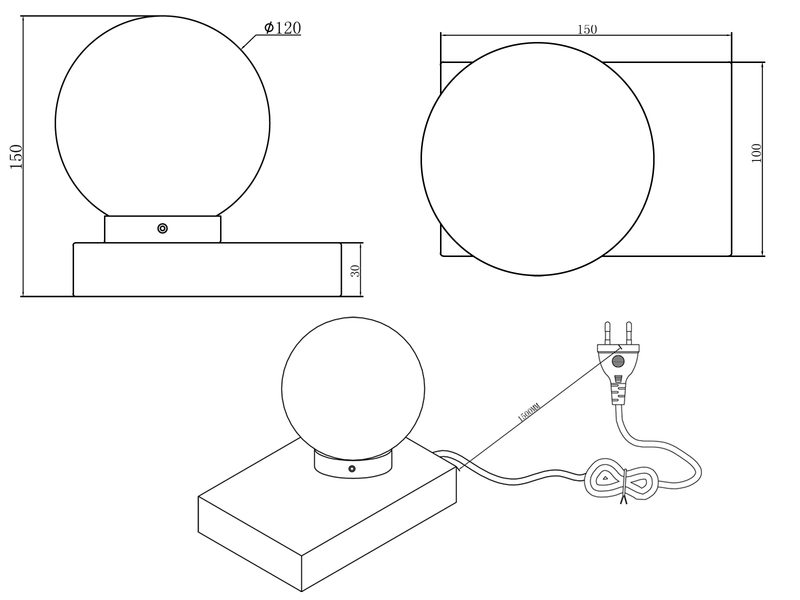 Tischlampe DAVI II Glaskugel Weiß Sockel Silber - Touchfunktion, Ø 12cm