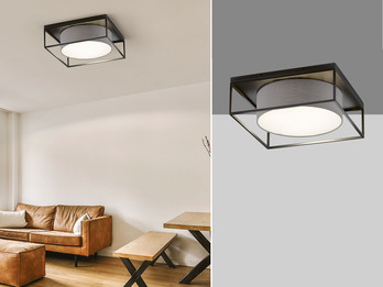 LED Deckenleuchte eckig groß mit Leinen Stoffschirm Grau, Quadrat 60cm