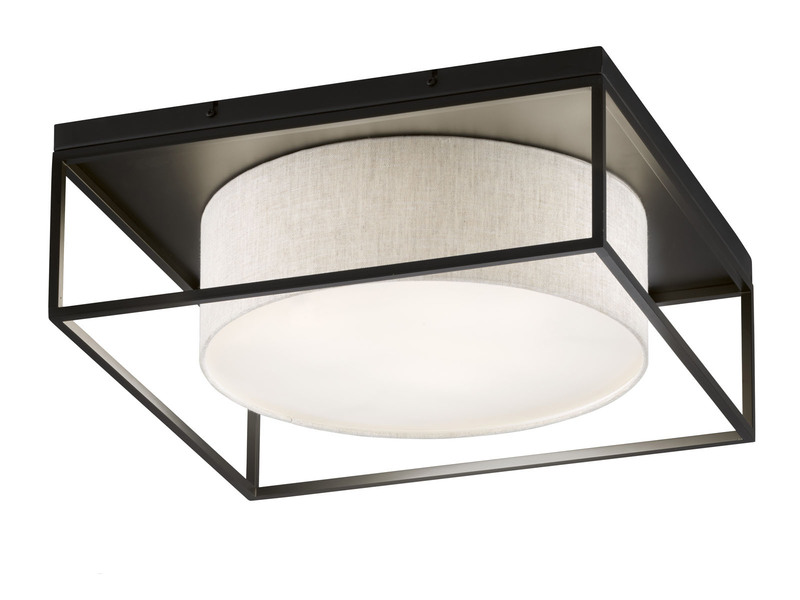 LED Deckenleuchte eckig groß mit Leinen Stoffschirm Beige, Quadrat 70cm