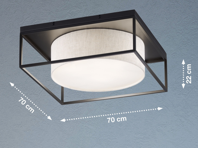 LED Deckenleuchte eckig groß mit Leinen Stoffschirm Beige, Quadrat 70cm