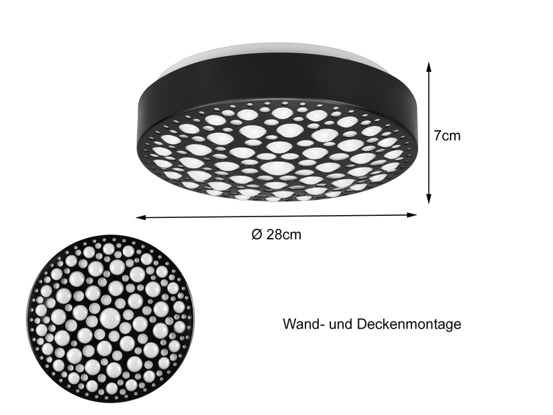 Kleine LED Deckenleuchte CHIZU Schwarz rund Warmweiß, Ø 28cm