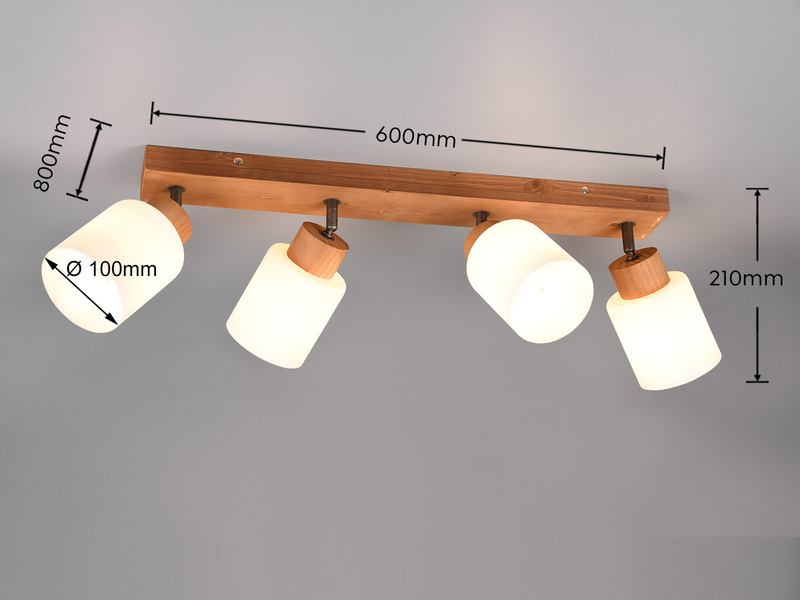 LED Deckenstrahler 4 flammig Korpus Holz & Glasschirme Weiß, Breite 60cm