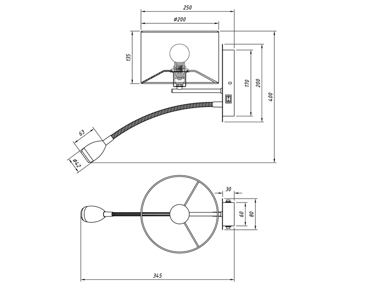 Wandlampe HOTEL mit Leselampe, Schalter & Stecker, Stoffschirm Weiß, Höhe 23,5cm