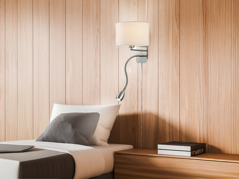Wandlampe HOTEL mit Leselampe, Schalter & Stecker, Stoffschirm Weiß, Höhe 23,5cm