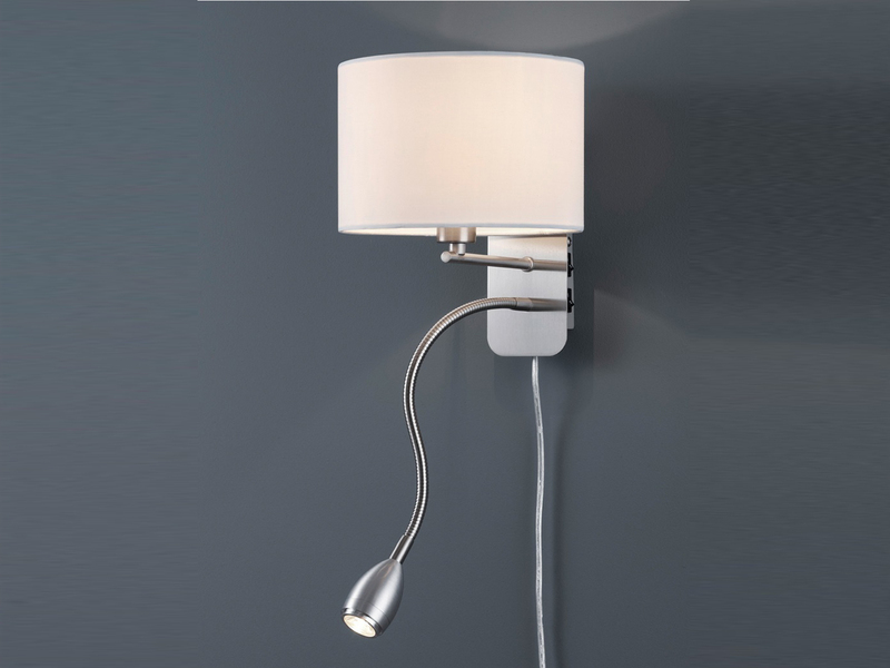 Wandlampe HOTEL mit Leselampe, Schalter & Stecker, Stoffschirm Weiß, Höhe 23,5cm