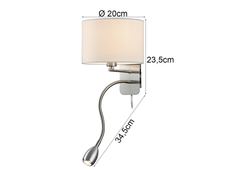 Wandlampe HOTEL mit Leselampe, Schalter & Stecker, Stoffschirm Weiß, Höhe 23,5cm